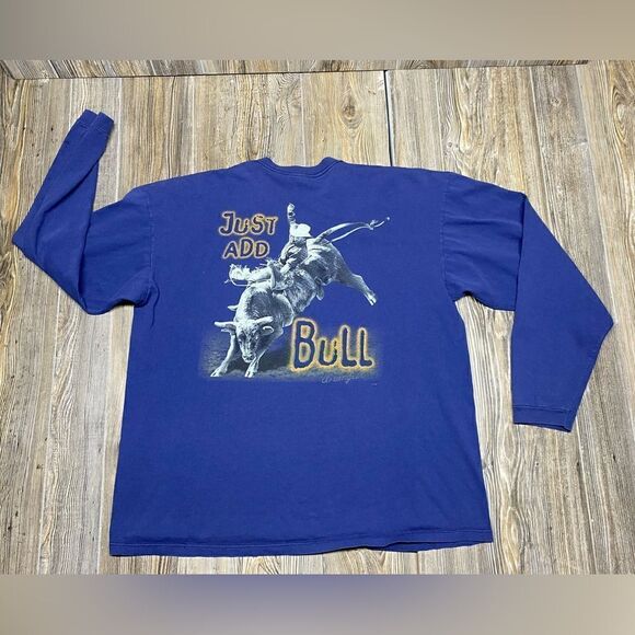 Vintage 1998 Wrangler Western Just Add Bull T-shirt 90s Long Sleeve Blue XXL USA - Picture 1 of 13